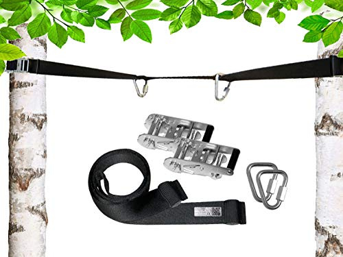 PATRON® BETWEEN 12m, Spanngurt zum Hängen zwischen Bäumen - Belastbarkeit 2200 kg inkl. 2 Premium Delta Karabiner, Polyester, abnehmbar und erweiterbar, PAT Bandlänge:12m