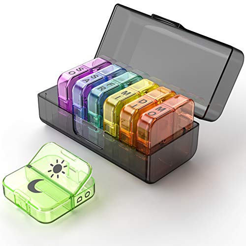 DOHIMGIO Pillendose 7 Tage 2 Fächer Morgens Abends 14 Fächer Große Pillendose XL Medikamentenbox 14 Fächer Pillenbox Pillenbox Medikamentenbox Medikamentenspender Schwarz