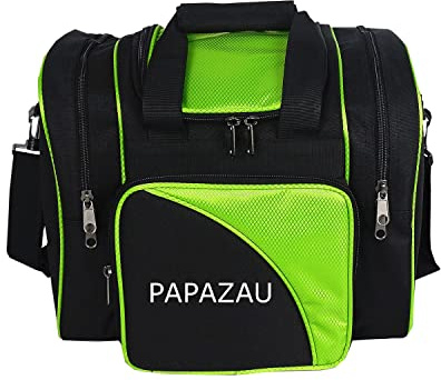 PAPAZAU Bowling-Tasche für Einzelball – Einzelball-Tragetasche mit gepolstertem Ballhalter – passend für EIN einzelnes Paar Bowlingschuhe bis Herrengröße 4 (schwarz/grün)