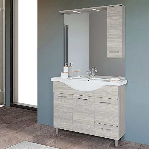 Inbagno Mobile Bagno a Terra Moderno, lavabo in Ceramica, Include specchiera con pensile e Illuminazione LED (Rovere Grigio, Larghezza 105 cm)