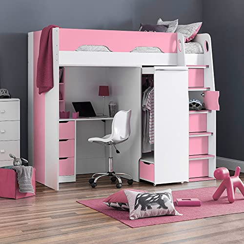 happybeds Pegasus Pink and White Wooden High Sleeper Bed, 3ft Single | 3ft Single, Wooden High Sleeper Bed, Frame Only, Pink, White, Cupboard, Storage Shelves, Safety Rails, 4 Drawers, Wardrobe
