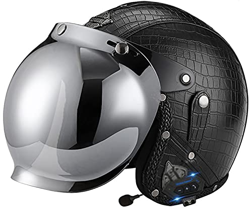 LPXPLP Leder Jethelm Erwachsener Bluetooth Motorrad Roller Offenes Helm Scooter Moped Mofa Helm Herren Damen Retro Vintage Pilot Biker Open Face Helmet Mit Visier ECE Zertifiziert Fashionhelm A,XL