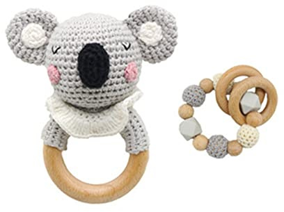 SWECOMZE Holzspielzeug Baby, Baby Rassel Spielzeug, Baby Beißring Holz Gehäkelte Greifling, Handmade Babyrassel Holzspielzeug, Geschenke zur Geburt für mädchen und Junge (Koala,#2)