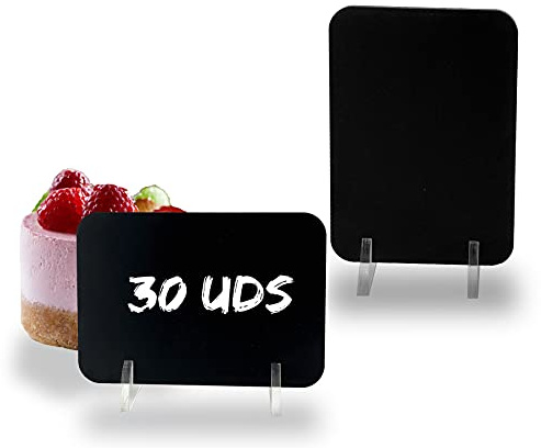 Mini pizarra negra con soporte metacrilato 11 x 8cm. Cartel porta precios para tizas y rotuladores Efecto Tiza. Ideal bodas, hostelería, bodas, fiestas, cumpleaños, restaurantes, buffet. (30 UDS)