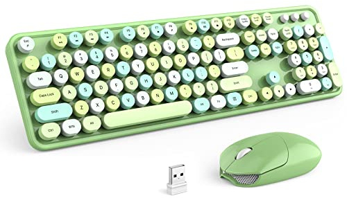 KNOWSQT Combo de Teclado y Mouse inalámbricos, Color Verde Colorido 2.4G, teclados Retro de tamaño Completo, Receptor USB Plug and Play, para computadora, PC, portátil, Escritorio, Ventanas