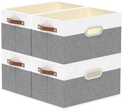 Yawinhe Fabric Storage Baskets, Foldable Closet Organizer for Shelves, Large Boxes with 3 Handles, Canvas Bins for Clothes, White/Grey, 12.99''Lx9.05''Wx7.87''H, 4-Pack