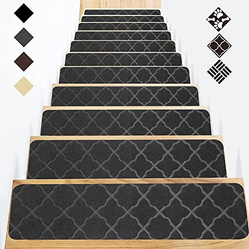 Anti-Rutsch Teppich Stufenmatten Indoor 15 Stück Treppenteppich für Holzstufen Stufenteppich Treppenmatten Spezialisiert für Kinder, Senioren Und Hunde 76x20 cm (Schwarz Würfel,Set of 15 Treads)