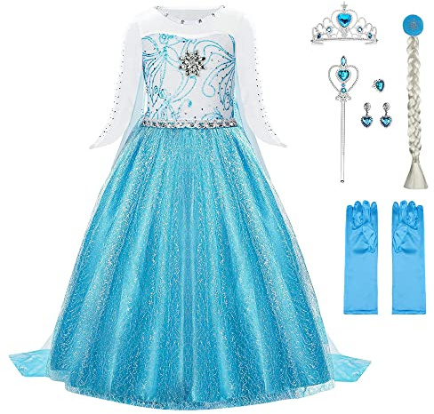 URAQT Costume di Principessa, Set da Principessa Corona Bacchetta Guanti Treccia, Costume di Cosplay Party Halloween Costumi Abito delle Ragazze di Natale Vestito Fantasia (Verde Chiaro-140)