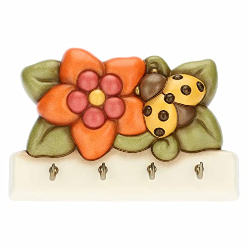 THUN, Appendichiavi in Ceramica Decorata a Mano con 4 Ganci, Decorato con Fiore Arancione e Ape, Linea Fiori e Fantasia, 18x4x12 cm h