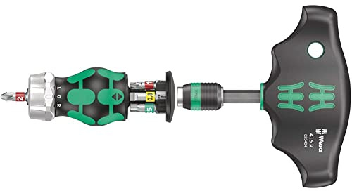 Wera 05008883001 Kraftform Kompakt Stubby Magazine RA 1, Stubby Ratchet Screwdriver with Bit Magazine, 6 Pieces & 416 R T-Handle Bitholding Screwdriver Rapidaptor, 1/4 x 45 mm, 05023404001