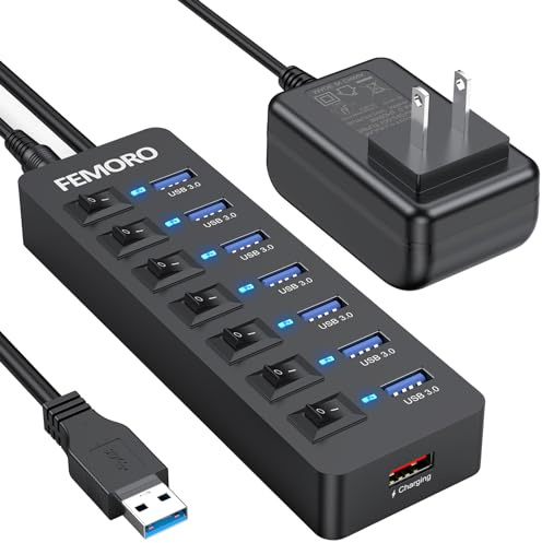 Hub USB 3.0 alimentado, 7 puertos de datos y 1 puerto de carga, cable de 4 | Con adaptador de corriente e interruptores individuales para MacBook Pro/Air/Neo Laptop Desktop Computer Mini PC