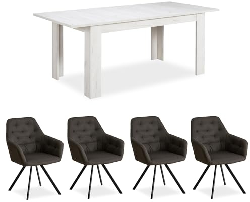 Homestyle4u Esstisch 4 Personen Anthrazit Holztisch Weiß Essgruppe mit 4 Stühlen 160x90 cm ausziehbar 2 m Polsterstühle
