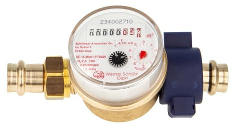 Einstrahlzähler ETK Kombi-Set (Warmwasser) bis 90 Grad Länge 80 mm, inkl. Verschraubung mit Pressanschluss 15 mm, Plombierschelle