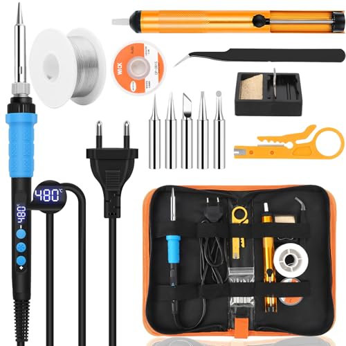 Dreamhigh® Lötkolben Set 80W LCD Einstellbar Temperatur, mit Ein/Aus Schalter, 50g Lötdraht, 5 Lötspitzen, 1.5M Zinndraht Entlötpumpe, Lötkolbenständer, Pinzette, Lötset für Elektrische Arbeiten