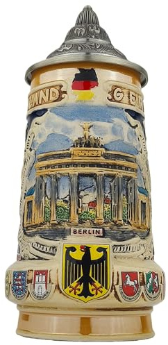 EVERSTYLE Bierkrug mit Deckel 0,7L – Traditioneller Steinkrug mit Deutschland-Motiv und Wappen-Design – Bierseidel für Zuhause, Bierfest & Sammlung – Geschenk für Männer, Papa & Bierfans