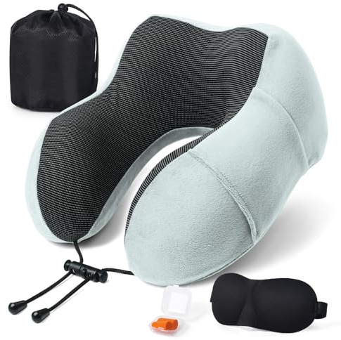 SOMLAW Cuscino da Viaggio, Cuscino Collo Memory Foam, Cuscino Cervicale da Viaggio Portatile, con Maschera per gli Occhi e Tappi per le Orecchie, Borsa, Ideale per Viaggiare in Aereo, Auto e Treno