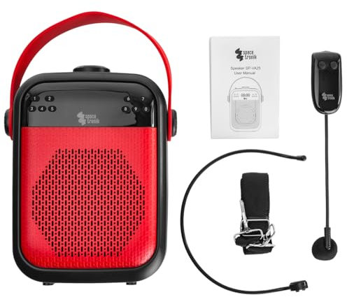 Spacetronik Amplificador de Voz portátil inalámbrico 25W con micrófono UHF, Bluetooth 5.0, función de grabación, TWS, Radio FM, Reproductor USB/SD/AUX, Pantalla LCD, batería 12h (Rojo)