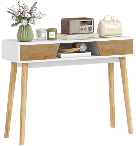 HOMCOM Tavolo da consolle stretto per corridoio e ingresso tavolo da divano moderno con 2 cassetti, scomparto e gambe in legno, per corridoio, ingresso soggiorno, camera da letto, bianco