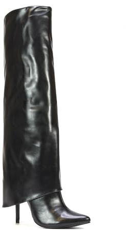 ESSEX GLAM Women's Foldover Knee High Boots Ladies Stiletto Pointed Toe Zip Black Faux Leather Classic Party Long Shoes Size 4