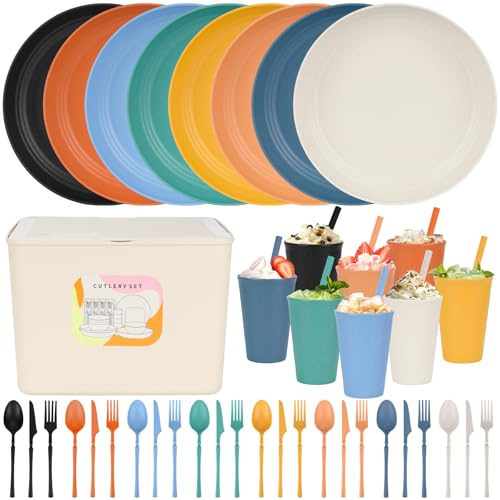 Set di stoviglie infrangibili per 4 persone, 49 pezzi, piatti e tazze riutilizzabili, set di piatti da campeggio in plastica, piatti da portata leggeri, tazze, set di posate, scatola portaoggetti