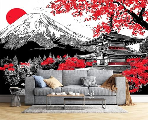 Wallpaper - Wall Mural 150X105Cm / 59X 41 - Autumn Mount Fuji Print Silk Wall Mural Decoration Poster Picture Design - Japanese Hand Drawn Landscape - Black White Photo Wallpapers For Living Room