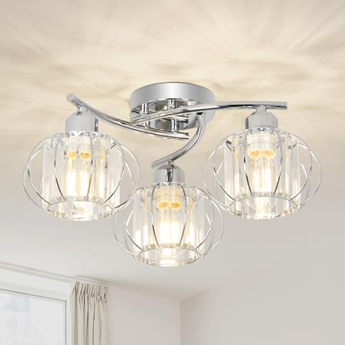 Stepeak Crystal Ceiling Lights Living Room, 3-Lights Chandeliers Ceiling Light Chrome, Modern Ceiling Lights with Glass Lampshades, Crystal Chandelier for Bedroom, Kitchen Light Ceilings for Hallway