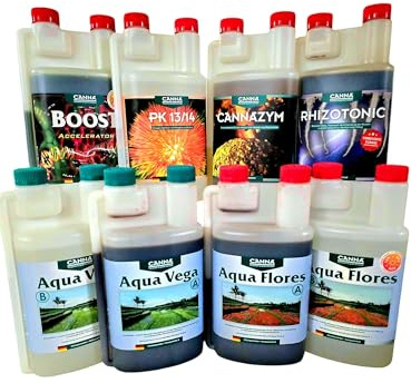 Canna Aqua Dünger-Komplettset - Vega A+B, Flores A+B, Boost, Rhizotonic, Cannazym, PK 13/14 - je 1L -Komplettdünger für Hydroponik & rezirkulierende Systeme - Wachstum & Blüte Indoor Grow