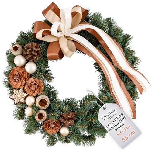 Creative Home Weihnachtskranz Mokka Türkranz Weihnachten Tannenkranz ø35 cm | Künstlich | Tischkranz Adventskranz für Haustür Wand Tisch Indoor & Outdoor Weihnachtsdeko draußen Winter Deko