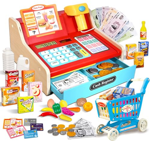 HILKKET Bois Caisse Enregistreuse Enfants avec Scanner, Son, Vraie Calculatrice, Caisse Enregistreuse Jouet Set avec Caddie Enfant, Accessoires pour Boutique, Jeu de Rôle Marchande Enfants de 3+ Ans