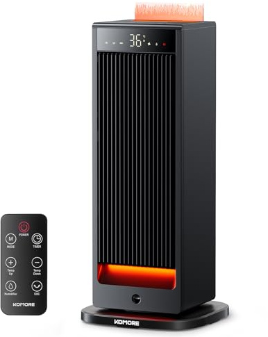 KOMORE Electric Heater 2000W, Portable Heater with Humidification 250ml, 90°Oscillation Fan Heater for Home, 15℃-45℃ ECO Thermostat, 4 Modes, Flame Effect, 12H Timer, 360° Remote Control