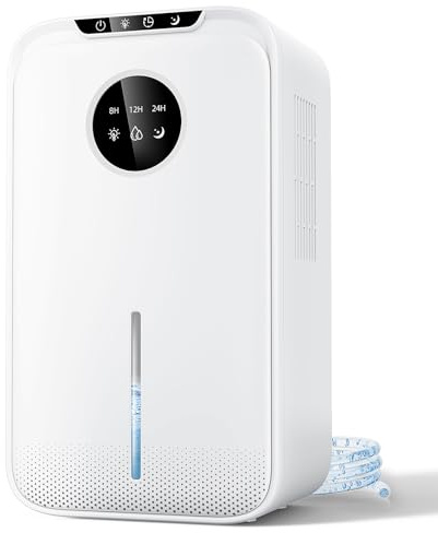 Deshumidificateur, 2500ML Déshumidificateur d'air Electrique Silencieux avec Tuyau 24H Sommeil Timer,Arrêt Automatique,Bain,Chambre à Coucher,Armoire (White)