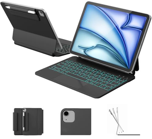 RAYMCRAFT für iPad Air 11 Zoll (M4/M3/M2) & iPad Pro 11 Zoll (4./3./2./1. Gen.) Hülle mit Tastatur, Magic Keyboard für iPad Air 5./4. Gen., 11-Farbig Beleuchtung, Smart Trackpad, Stifthalter, Schwarz