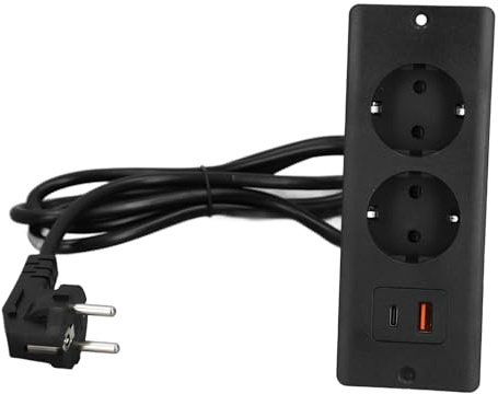 ZJchao Double Prise Encastrée avec Ports de Charge USB C et USB A, Multiprise Intégrée pour Meubles, Charge Rapide 20 W, Cordon d'alimentation de 1,5 M (BLACK)