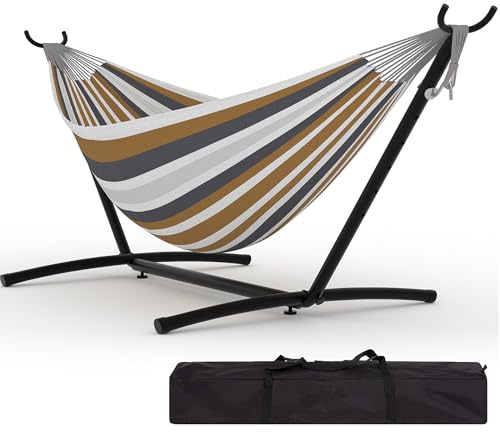 Double Hammocks with Stand for Outside, Portable Space Saving Heavy-Duty Steel Stand for Indoor Outdoor Patio with Carrying Bag, 450 lbs Capacity