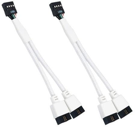 SEASJHBAY Cable extensión USB 2.0 9 Pines 2 PCS Blanco, USB 2.0 Splitter 1 a 2 para Placa Base, Cable extensión USB para pc con Conector Two Pin Plug USB Connector, Alta Velocidad, blindado, 16cm