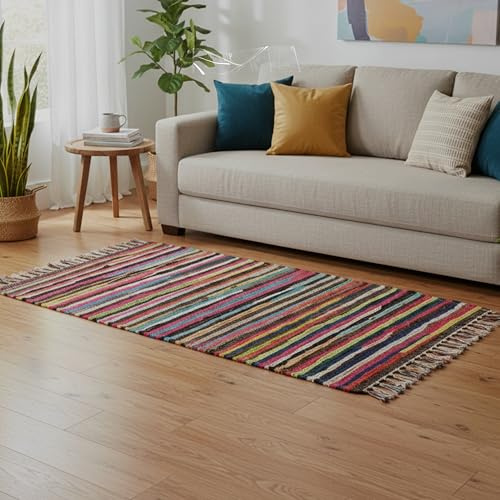 Pack of 2 Handmade Chindi Rag Rug, Multi Coloured Stripes, 100% Recycled Cotton, Traditional Style, Area Rug for Living Room, Bedroom, Indoor Home Decor Mat, Kitchen Hall Runner Rug Mat (50X80 CM)