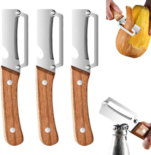 Coltello Pelapatate Multifunzione, Pelapatate Multifunzione, Stainless Steel Peeler with Wooden Handle (3 Pcs)