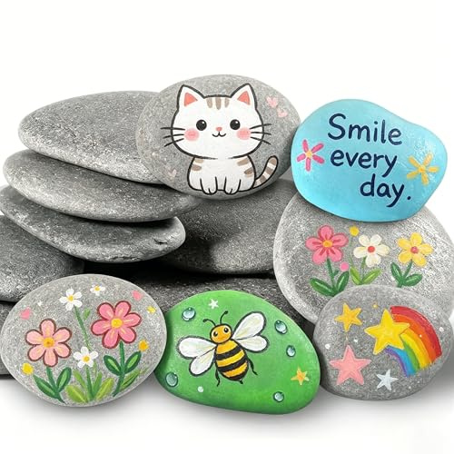 10 Pcs Large Pebbles for Painting, 2-3 Inch Smooth Flat Rocks for Arts Crafts, Grey River Stones Kit for Rock Painting, Garden Decoration, DIY Supplies