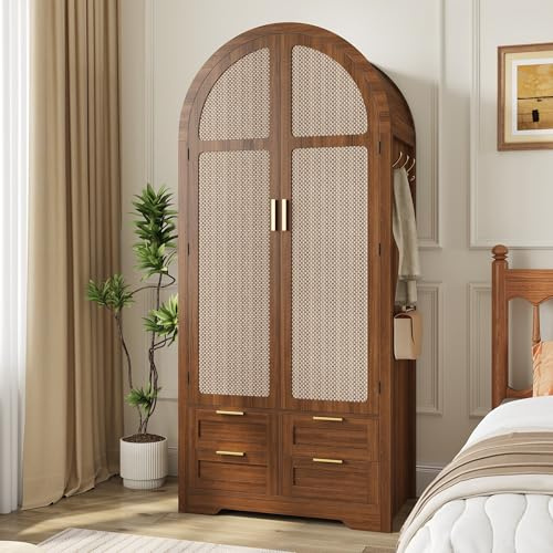 RAPRAP Geschwungener Kleiderschrank Holz mit Rattan Türen und Schubladen, 2 Türen Kleiderschrank Klein Im Modernen Landhausstil, Stabile Beine für Schlafzimmer & Flur, 80x50x179cm, Walnuss,A