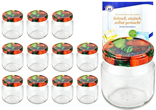 MamboCat 12er Set Rundgläser 212 ml nieder Deckelfarbe Obst Dekor to 66 inkl. Diamant Gelierzauber Rezeptheft, Marmeladengläser, Einmachgläser, Einweckgläser, Gläser