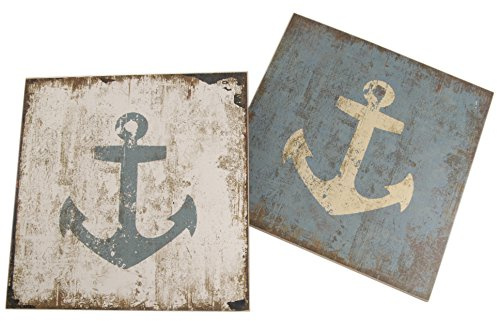 Unbekannt Heim 2er Set Maritime Anker Wandbilder aus MDF Blau Weiß Rustikal 24 x 24 cm