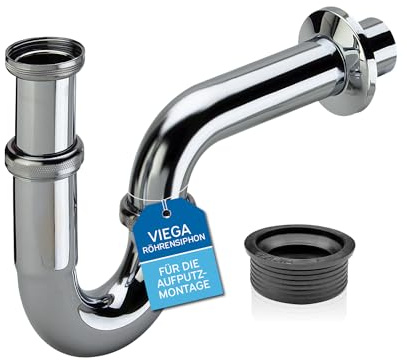 Viega Röhrensiphon 1 1/4 Zoll x 32mm verchromt, Gummimanschette, Gumminippel by kör4u, für Abflussrohr 50x32mm - Made in Germany