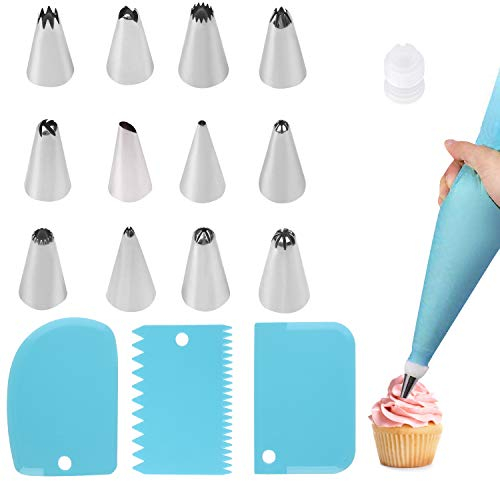 Cake Piping Nozzles Kits,17 Pcs Piping Bag and Nozzles Sets, Icing Bags and Nozzles Set with 3 Pcs Cake Scrappers, Stainless Piping Nozzles Set for DIY Cake Decorating