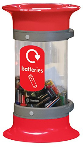 Glasdon C-Thru 5 Litre Battery Recycling Bin Battery Recycling Tube (Red) | Clear, graphic, Durable, Heavy duty Polycarbonate Battery Recycling Bins, Top & bottom handles, Screw-on removable funnel lid
