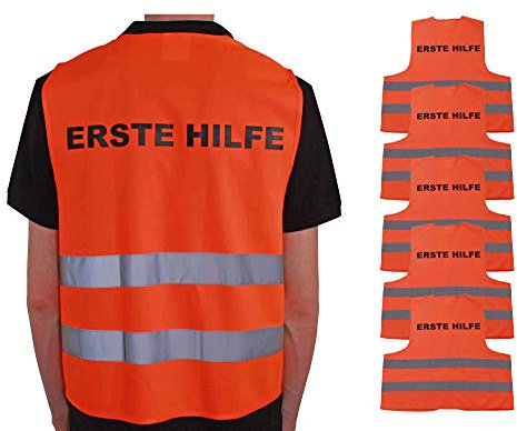 4business 5 Stück Kfz Qualitäts Warnweste ERSTE Hilfe orange EN ISO 20471 Klasse 2 für Erwachsene Unisize TÜV-geprüft waschbar