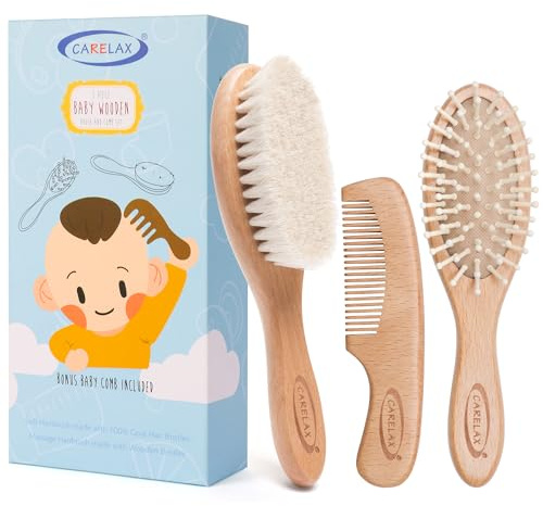 Set med babyhårborste och kam, ekologisk trähårborste naturlig get borst 3-delar för nyfödda och småbarn, perfekt för vaggor och klåda, perfekt dusch och registergåva för spädbarn, småbarn, barn