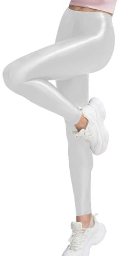 Kaerm Damen Glänzende Strumpfhose Blickdicht Satinglanz Glossy Pantyhose Hohe Taille Fitness Skinny Pants Glanzstrumpfhose Tanzstrumpfhose Elegant Öl Weiß XL