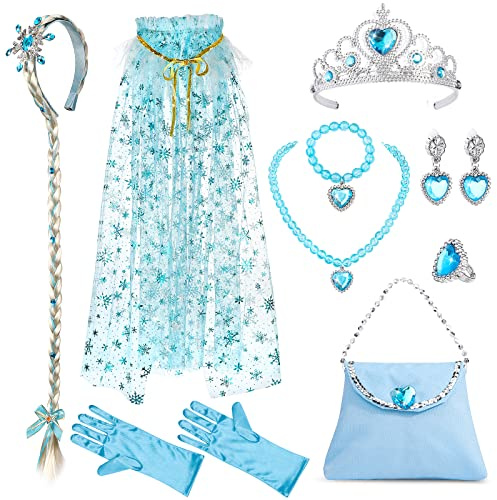 Hifot Prinzessin Kostüm Zubehör Set Prinzessin Tasche mit Krone, Haarreif, Cape,Halskette,Handschuhe,Armbänder und Ohrringe Schmuck Set für Mädchen Kinder Party Geburtstag Kostüm