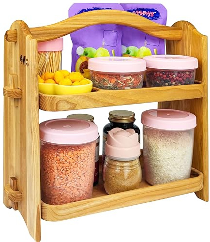 2-Tier Wooden Wedge Fruit Basket for Kitchen Counter | Wood Fruit Bowl and Kitchen Organizer | Multi-Functional Bread, Fruit, and Vegetable Storage Stand (Natural)