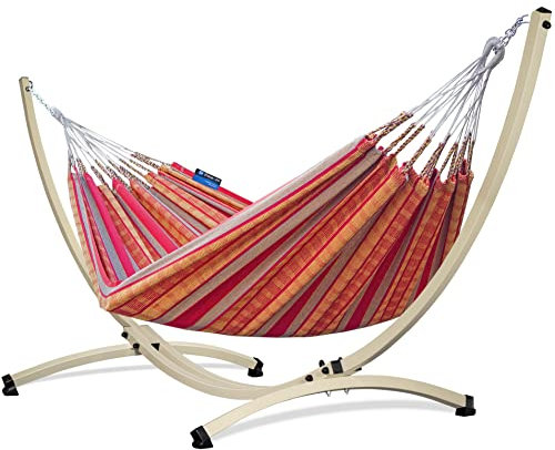 Potenza Outdoor Hängematte mit Verzinkter Gestell für 2 Personen I 100% Baumwolle Pereira Doppelhängematte 230x160 cm, 200kg I Hängemattengestell 220kg, wetterfest (Mandarin, Gestell Ecru)